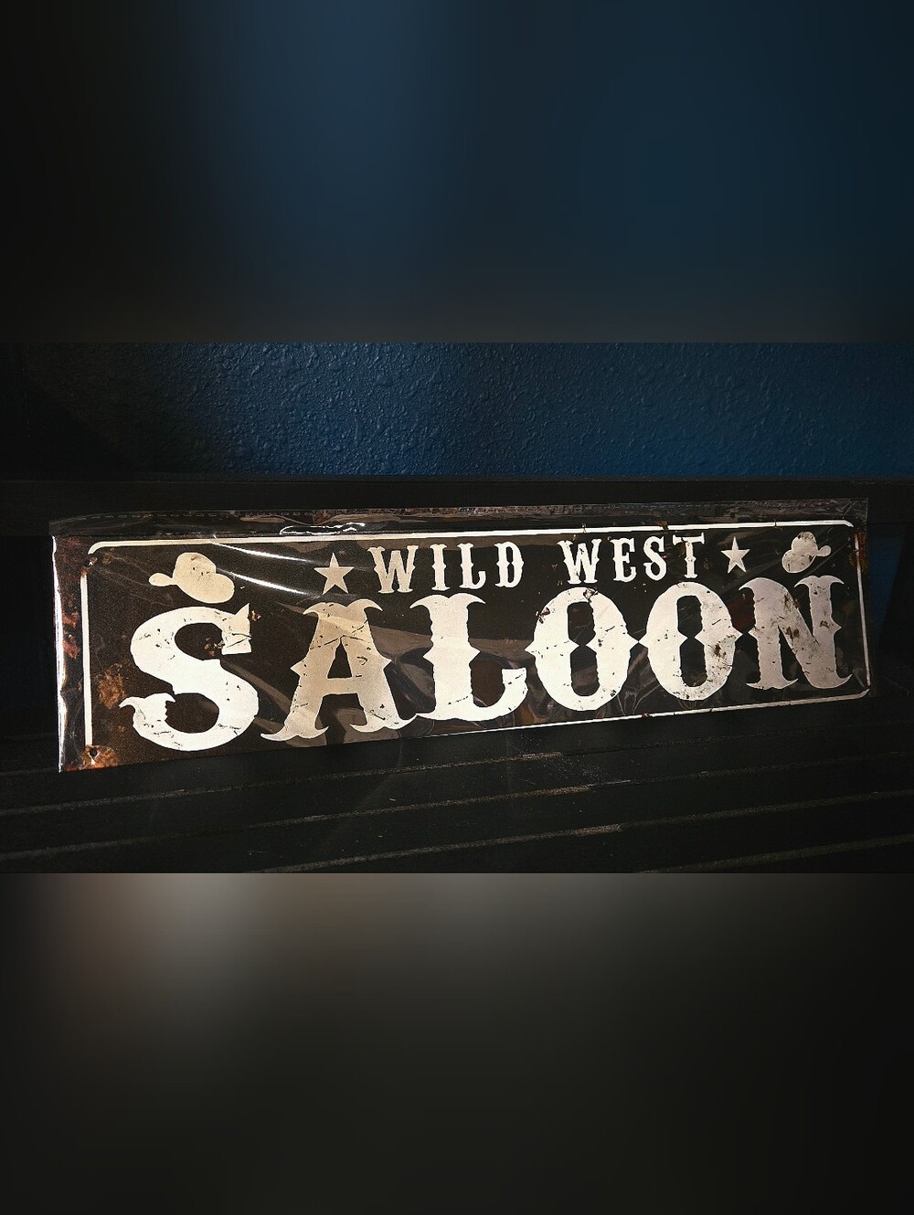 "5/$25" Black/Ivory Tin Wall Sign "Wild West Saloon" Western Decor NWT